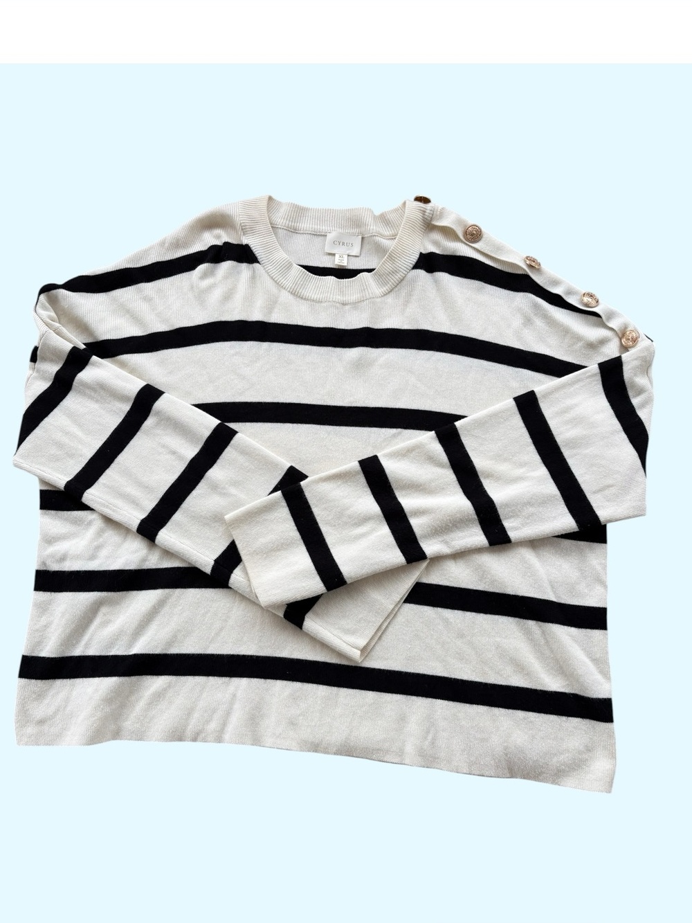 Cyrus Gold Button Shoulder Striped Knit Sweater XL Cream Black Nautical
